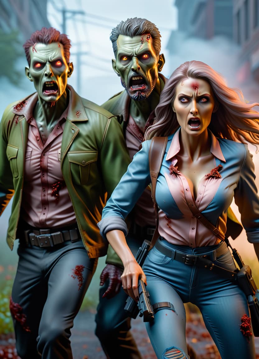  two people flee from zombie infected mutants hyperrealistic, full body, detailed clothing, highly detailed, cinematic lighting, stunningly beautiful, intricate, sharp focus, f/1. 8, 85mm, (centered image composition), (professionally color graded), ((bright soft diffused light)), volumetric fog, trending on instagram, trending on tumblr, HDR 4K, 8K