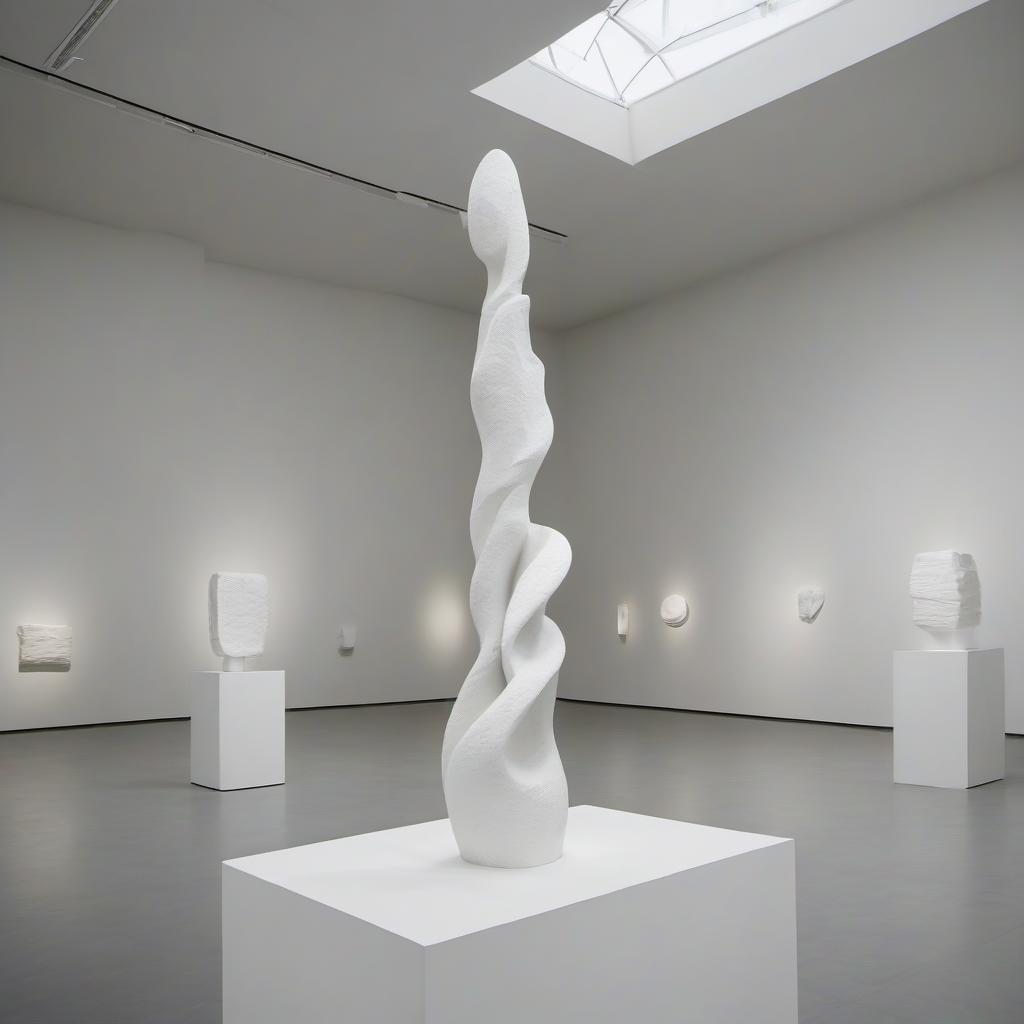  abstract shapeless sculpture of plaster stands in the exhibition hall