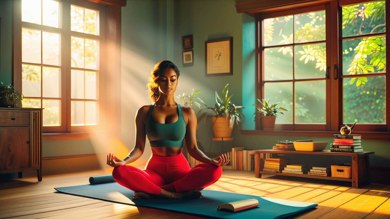  a serene sunrise casting golden light over a peaceful bedroom, featuring a cozy bed, a yoga mat, a journal, a steaming cup of tea, and an open window revealing a tranquil garden. hyperrealistic, full body, detailed clothing, highly detailed, cinematic lighting, stunningly beautiful, intricate, sharp focus, f/1. 8, 85mm, (centered image composition), (professionally color graded), ((bright soft diffused light)), volumetric fog, trending on instagram, trending on tumblr, HDR 4K, 8K