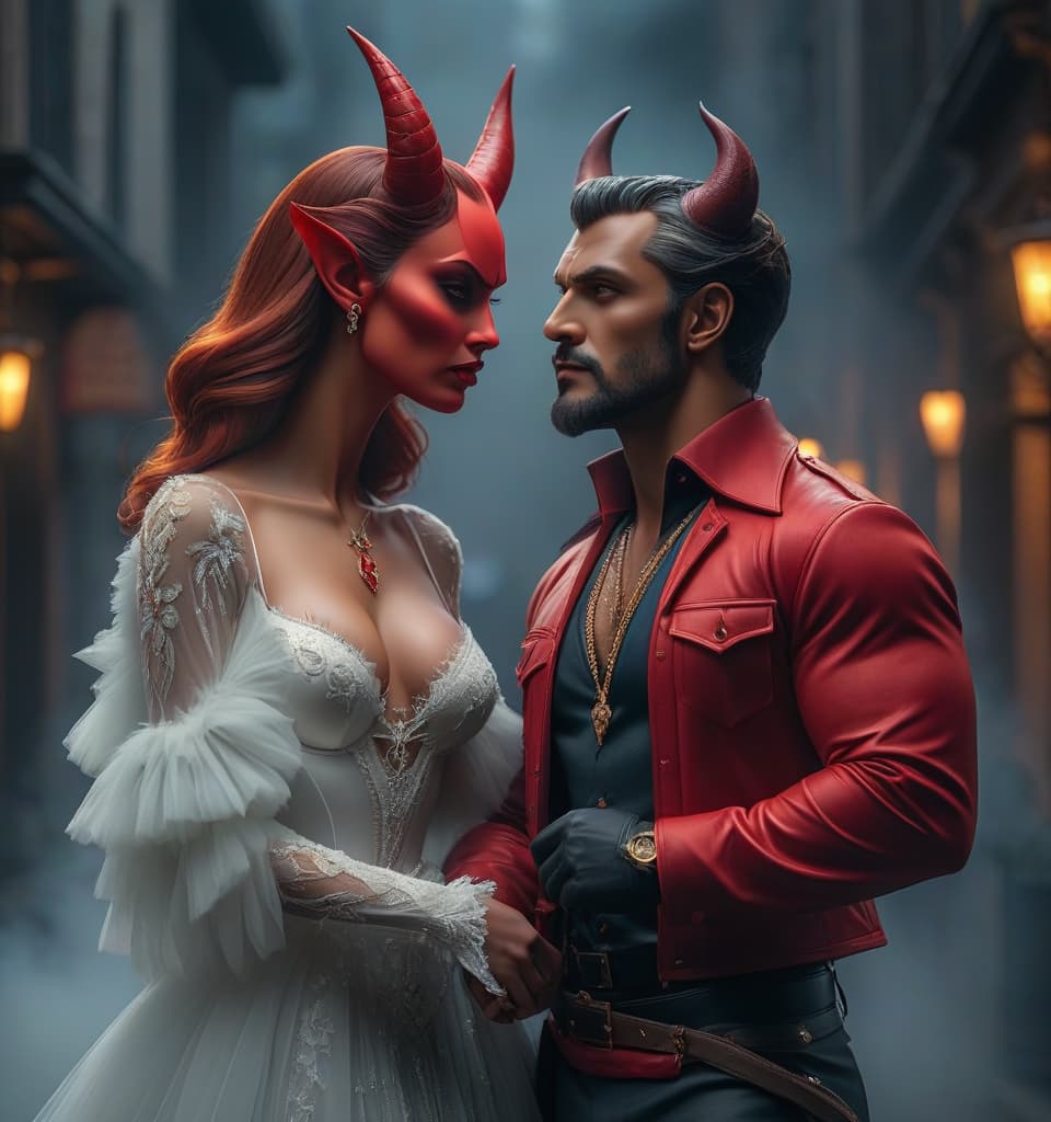  love between man and devil hyperrealistic, full body, detailed clothing, highly detailed, cinematic lighting, stunningly beautiful, intricate, sharp focus, f/1. 8, 85mm, (centered image composition), (professionally color graded), ((bright soft diffused light)), volumetric fog, trending on instagram, trending on tumblr, HDR 4K, 8K