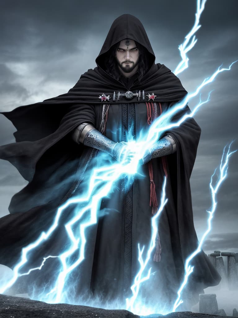  Pagan warlock, facing viewer, wearing a hooded cloak, his face hardened, eyes cold, a scar runs down the left side of his face; standing at an alter, conjuring a fire elemental from within Stonehenge during a thunder and lightning storm