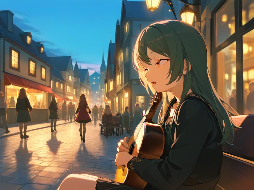  woman,long hair,bards,dress,fantasy,town,bright atmosphere,sit on a bench,lively,holding the lute,singing,eyes closed,calm expression,spectators all around,evening,european style,bustling city