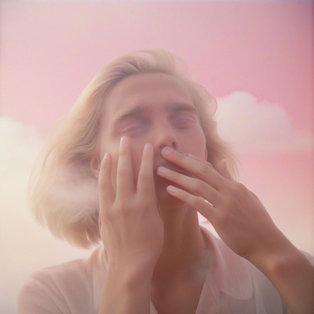  analog film photo the girl’s hand touches the face of a blonde guy, pink and white shades, light fog, clouds in the background, a room in pastel shades. . faded film, desaturated, 35mm photo, grainy, vignette, vintage, kodachrome, lomography, stained, highly detailed, found footage