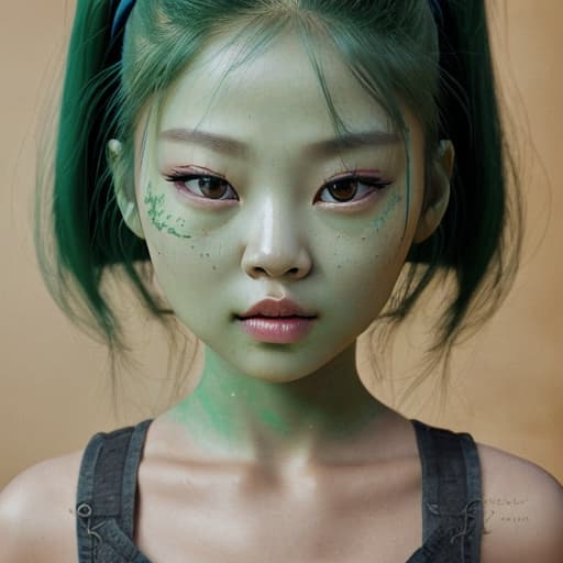  Jennie Kim beautiful green alien girl 8k, cinematic, hyperrealistic Beautiful face, realistic face, cute eyes and lips