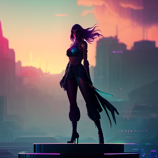 nvinkpunk 90s style young woman, long legs, high heel shoes, sunset, (extremely detailed oil painting:1.2), glow effects, godrays, hand drawn, render, 8k, octane render, cinema 4d, blender, dark, atmospheric 4k ultra detailed, cinematic sensual, sharp focus, humorous illustration, big depth of field, masterpiece, colors, 3d octane render, 4k, concept art, trending on artstation, hyperrealistic, vivid colors, extremely detailed cg unity 8k wallpaper, trending on artstation, trending on cgsociety, intricate, high detail, dramatic hyperrealistic, full body, detailed clothing, highly detailed, cinematic lighting, stunningly beautiful, intricate, sharp focus, f/1. 8, 85mm, (centered image composition), (professionally color graded), ((bright soft diffused light)), volumetric fog, trending on instagram, trending on tumblr, HDR 4K, 8K