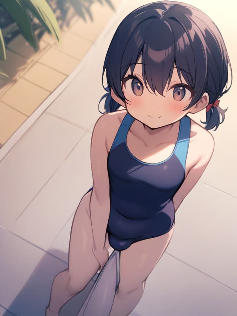  women's elementary students (with male), twin tails, cute smiles, rich s, short stature, dark blue swimwear, old swimwear, swimwear, simple, (swelling), upward, (bulge), front, whole body, pool side,