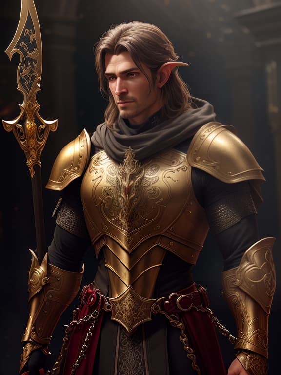  Portrait of a Tiefling paladin, with a long sword in his right hand and a shield in his left hand, with red skin and completely golden eyes, in chain mail, ultra realistic, concept art, intricate details, highly detailed, photorealistic, octane render, 8k, unreal engine, sharp focus, volumetric lighting unreal engine. art by artgerm and alphonse mucha hyperrealistic, full body, detailed clothing, highly detailed, cinematic lighting, stunningly beautiful, intricate, sharp focus, f/1. 8, 85mm, (centered image composition), (professionally color graded), ((bright soft diffused light)), volumetric fog, trending on instagram, trending on tumblr, HDR 4K, 8K