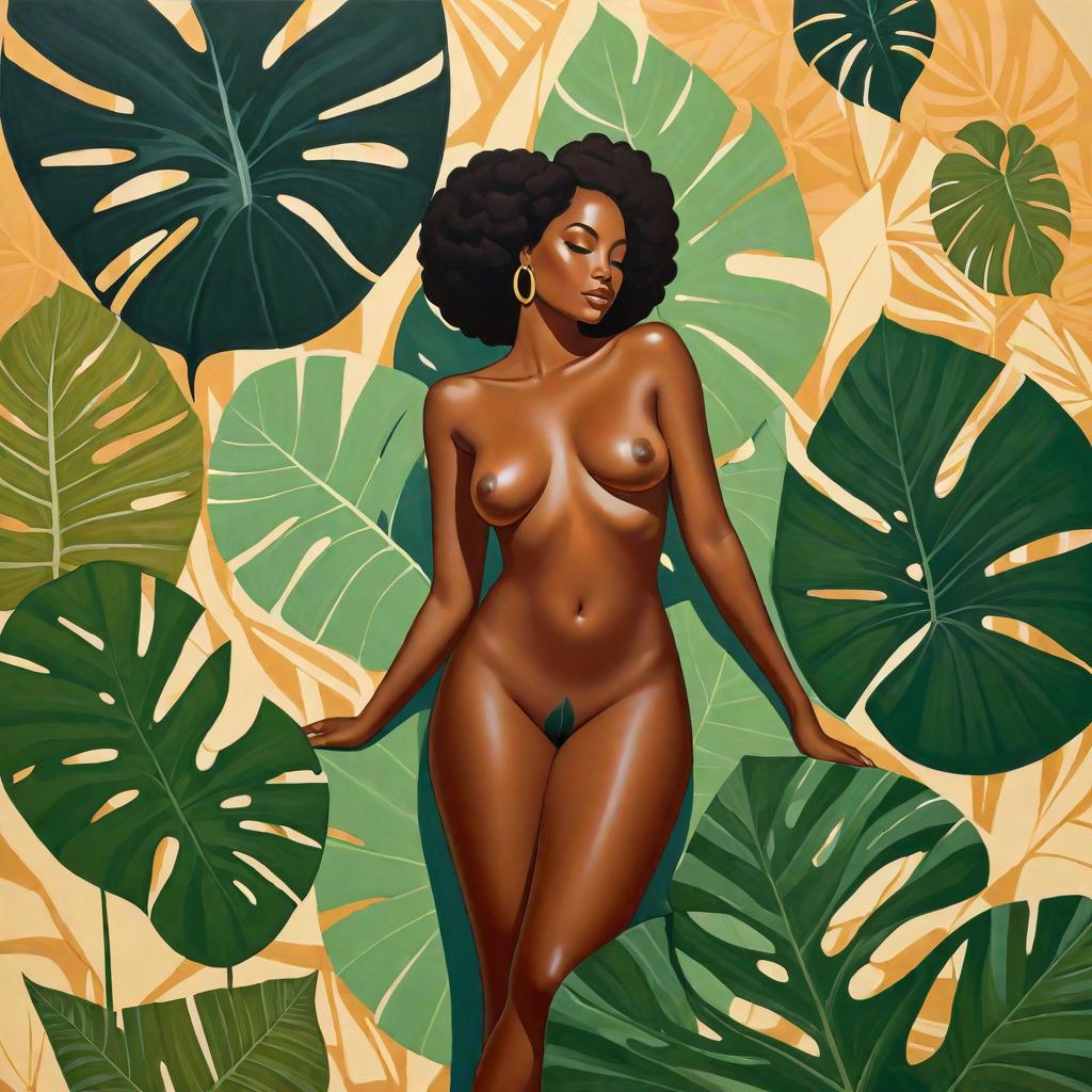  minimalism, painting of a beautiful black woman. she lays, surrounded by elephant ear leaves. naked. she has brown legs. she has brown feet. she is in a divine pose., abstract, simple geometic shapes, hard edges, sleek contours, minimalism