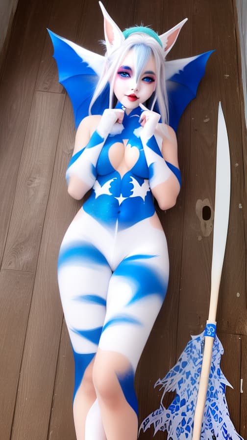  White and blue bat pattern body paint in every corner of the body, White body paint all over the body, White face paint on the face, Two elfs, full body image 女性