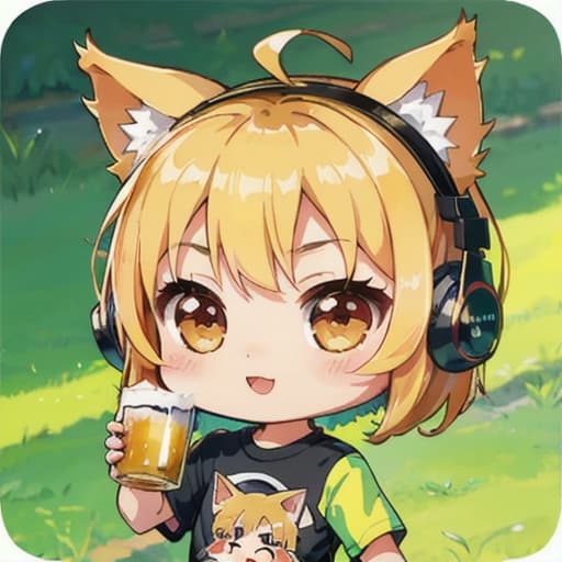  master piece , best quality,chibi chara holding beer in one hand background foliage cat ear headphones t shirt cute singing short blonde hair face close up