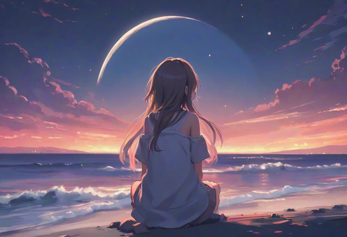  anime girl with her back turned looking at the ocean under the bright colored moon