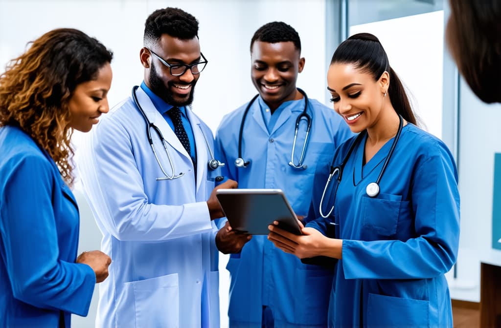  professional detailed photography, multiethnic doctors engaged in collaborative medical consultation, discuss patient disease diagnose or treatment plan, reviewing information, focusing on tablet. teamwork, modern tech in healthcare ar 3:2, (muted colors, dim colors, soothing tones), (vsco:0.3)