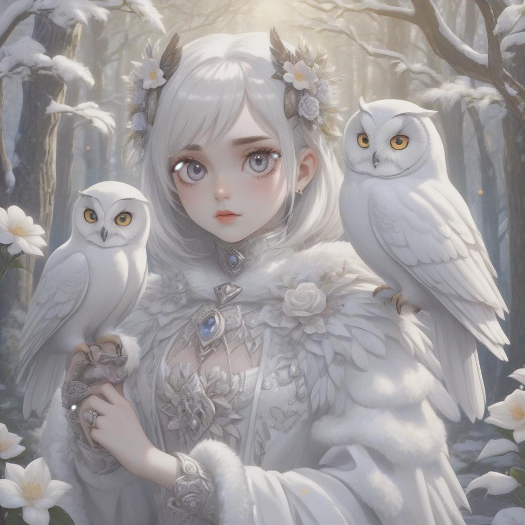  very beautiful girl and white owl, huge eyes, plump lips, transparent outfit of scales, flowers, feathers of mysticism, fantasy, fabulous forest, soft light, glitter, beautiful, 5d, realistic, 128k, high resolution, high detail, hyperrealism, 300dpi, highly detailed digital painting, gothic art, horror realistic, f/19, 1/400s, muted lighting, sparkling snow, psychedelic, hyperrealistic