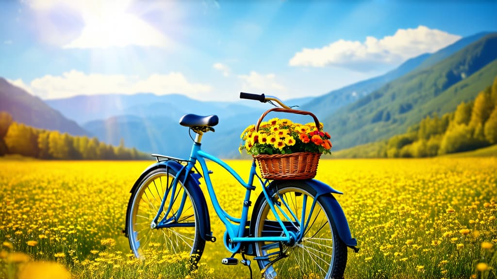  a bicycle with a basket filled with flowersis parked in a field of flowers against the background of mountains, hyperrealistic photography, beautiful wallpaper, epic digital painting, orange and blue colors, rays of the sun, piercing rays of life, beautiful detailed scene, on a bright day, beautiful wallpaper, professional photography ar 16:9 {prompt}, maximum details