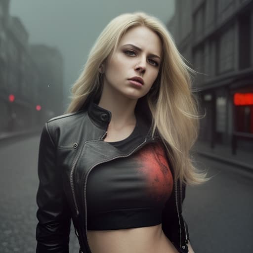  a woman holding a gun, she is pointing the gun at the viewer , urban settings, long blonde hair , opened black jacket, red crop top shirt , black leather pants ,(illustration), (high resolution), dramatic lighting, somber atmosphere, detailed background with city buildings and streets, dark color tones, realistic art style, ultra detailed,explosion in the background , dramatic lights around the woman ,low angle shot , art photography , close up on the woman