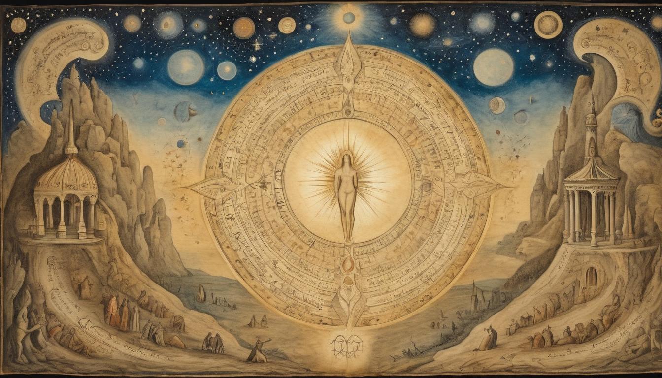  on parchment, surrealism++, a glowing celestial gateway, shining with divine light, surrounded by stars and cosmic patterns, sense of activation and divine movement(mysterious, provocative, symbolic)++