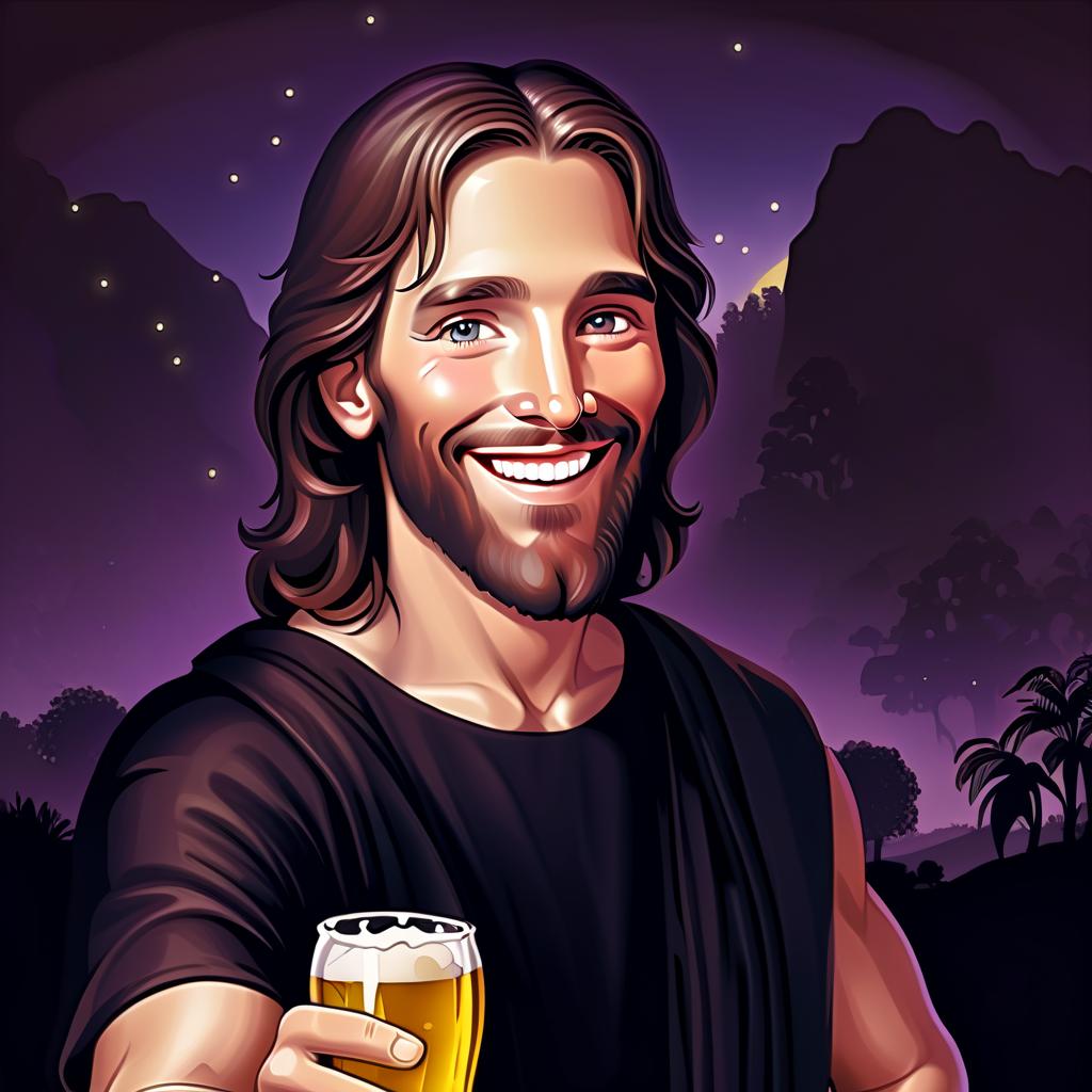  jesus with amber beer in his hand, smile, garden of eden in the background