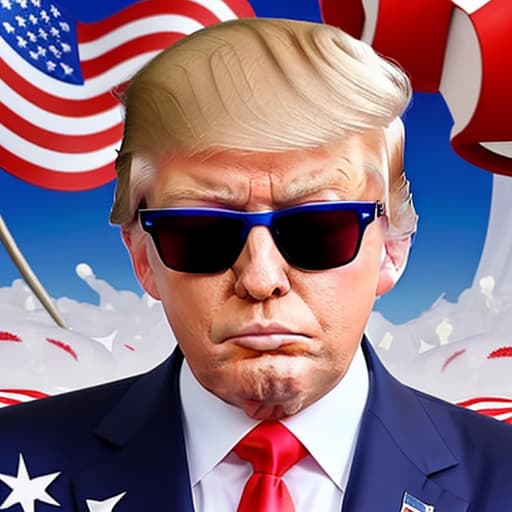  Donald Trump wearing a blue suit white stars on it ,white shirt and red tie. sunglasses with USA flags in lenses