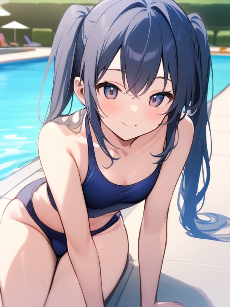  women's elementary students, twin tails, rich smiles, cute smiles, navy blue swimwear, old swimwear, swimwear, simple, male, shaped clear , shaped clear, clear stem, shaped crisp, male bulge,, front. the whole body, pool side,