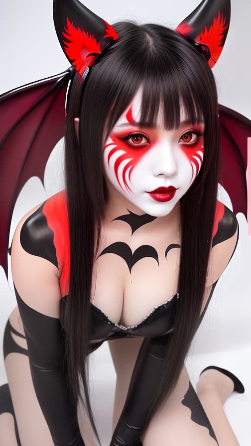  Full body red flame pattern body paint, Blark body paint on the whole body, White face paint on the face, succubus 女性