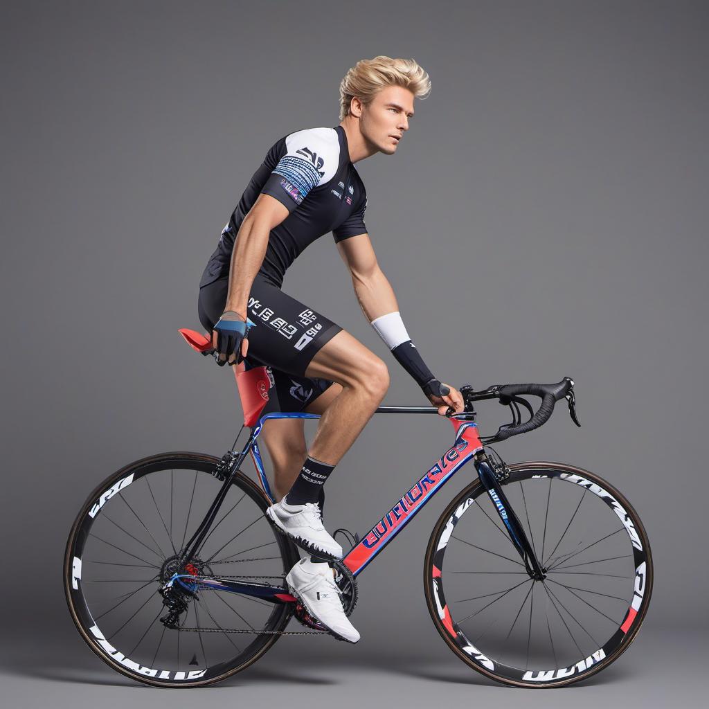  homme de dos blond foncé avec un t shirt de sport avec écrit dessus valentin et autour de lui des vélos de course et des thèmes sur la course à pied, profile image style