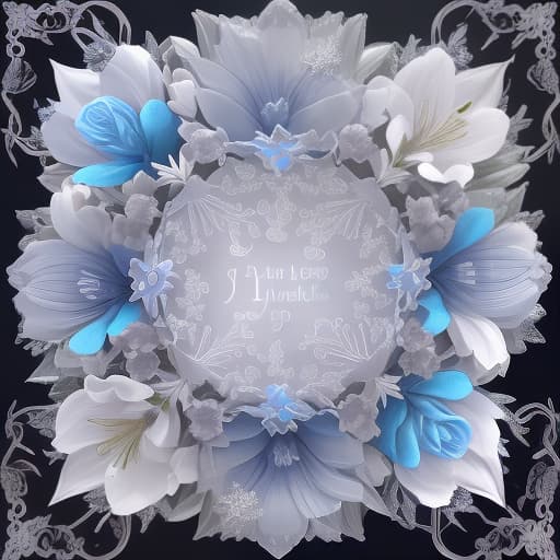  in the style of fantasy and light botany, a cute beautiful owl in a bouquet of silver lilies and blue roses, ice cubes, retro design platinum black with silver curls, monograms in the style of "winter fantasy", in the center a bizarre treble clef, in the background a bizarre frosty fog and frost, a bouquet of white lilies and blue roses with veins of frozen water, silver white blue peach