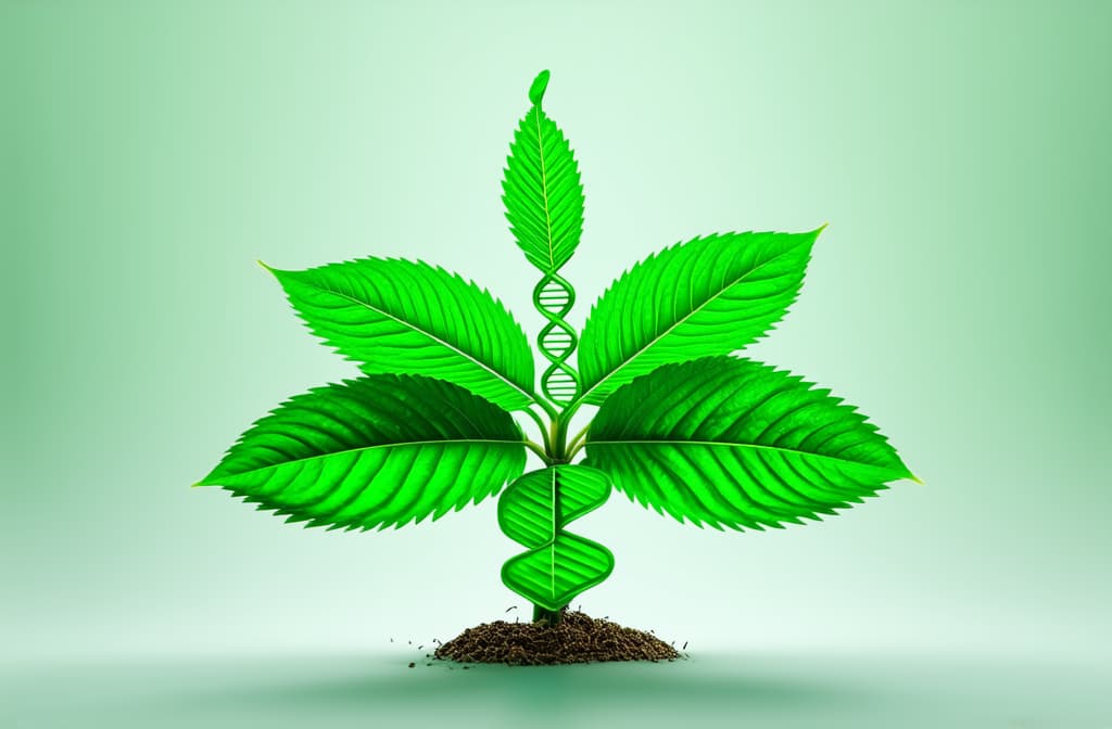  professional detailed photography, concept of green biotechnology or synthetic biology, graphic of plant with dna. ar 3:2, (muted colors, dim colors, soothing tones), (vsco:0.3)