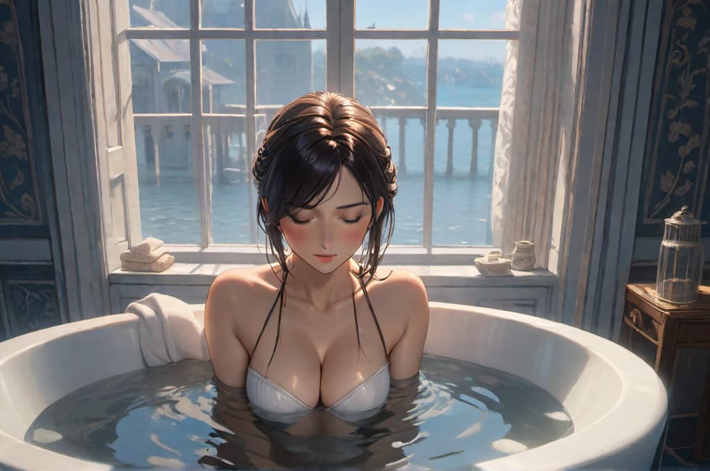  a woman sitting in the tub, the water covering half of her body, her eyes closed. there is a looking at her from the room window with a ful look., realistic, portrait, art by donato giancola and greg rutkowski, realistic face, digital art, trending on artstation hyperrealistic, full body, detailed clothing, highly detailed, cinematic lighting, stunningly beautiful, intricate, sharp focus, f/1. 8, 85mm, (centered image composition), (professionally color graded), ((bright soft diffused light)), volumetric fog, trending on instagram, trending on tumblr, HDR 4K, 8K