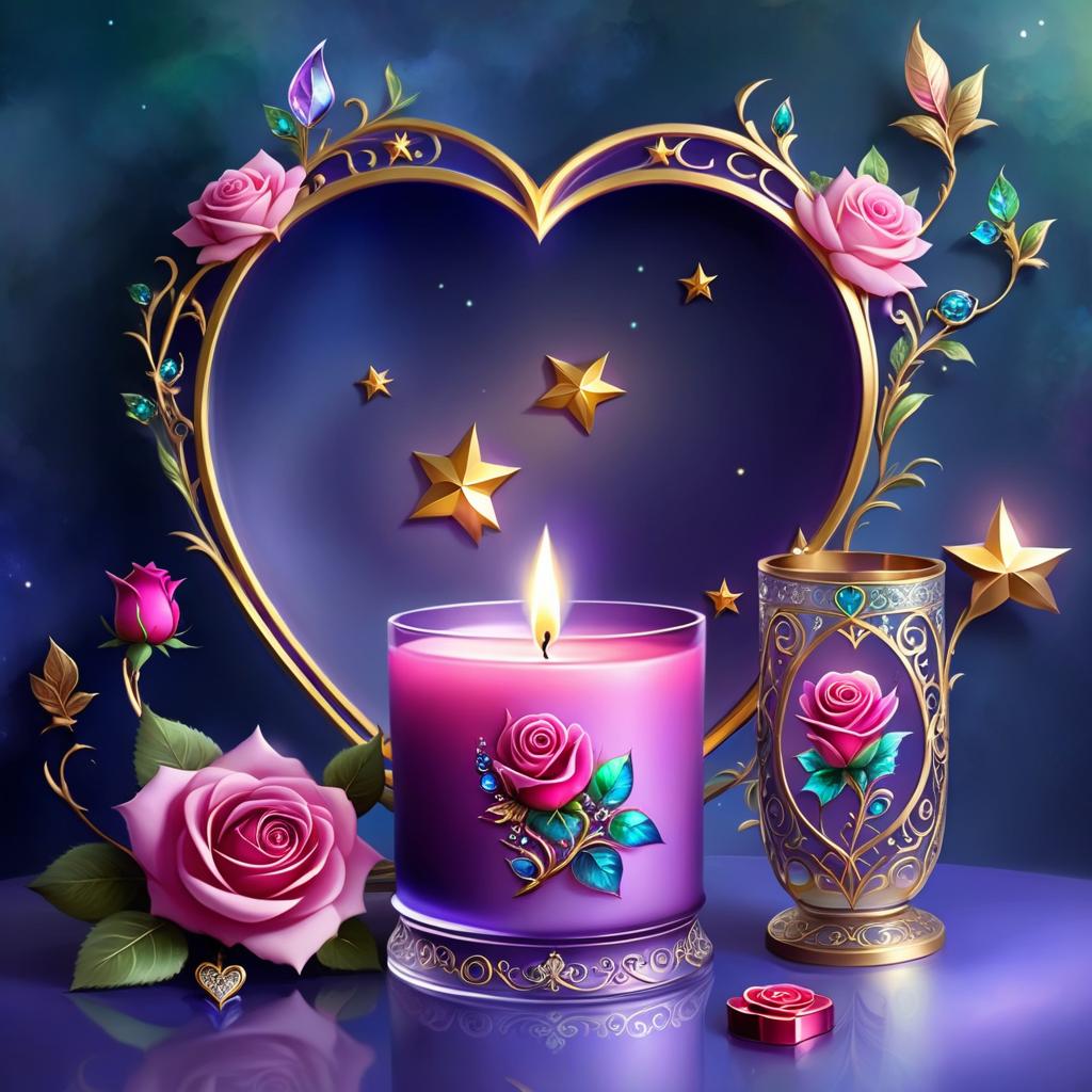  ethereal fantasy concept art of (background):colour:violet blue. (background decoration):silver frames in the shape of hearts and gold fancy stars. (centre):glass square pink candlestick and lighter decorated with fancy roses. (rose colour):pink, dark pink, with cream border. (leaf colour):dark green, green blue, light green. (style):fantasy, fantasy art design, jewellery, interior. . magnificent, celestial, ethereal, painterly, epic, majestic, magical, fantasy art, cover art, dreamy