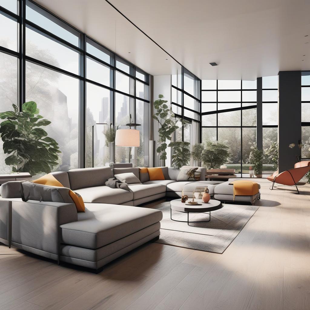  masterpiece, best quality, Best Quality, Masterpiece, 8k resolution,high resolution concept art of an apartment living room with floor to ceiling windows and modern furniture