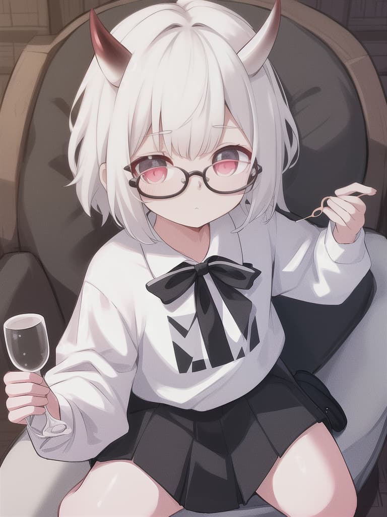  White hair, short hair, disturbed hair, boyish, boy, white clothes, polo shirts, black horns, glasses, supporting glasses, cute, cute, sitting, underlim glasses, holding glasses with both hands., masterpiece, best quality,8k,ultra detailed,high resolution,an extremely delicate and beautiful,hyper detail