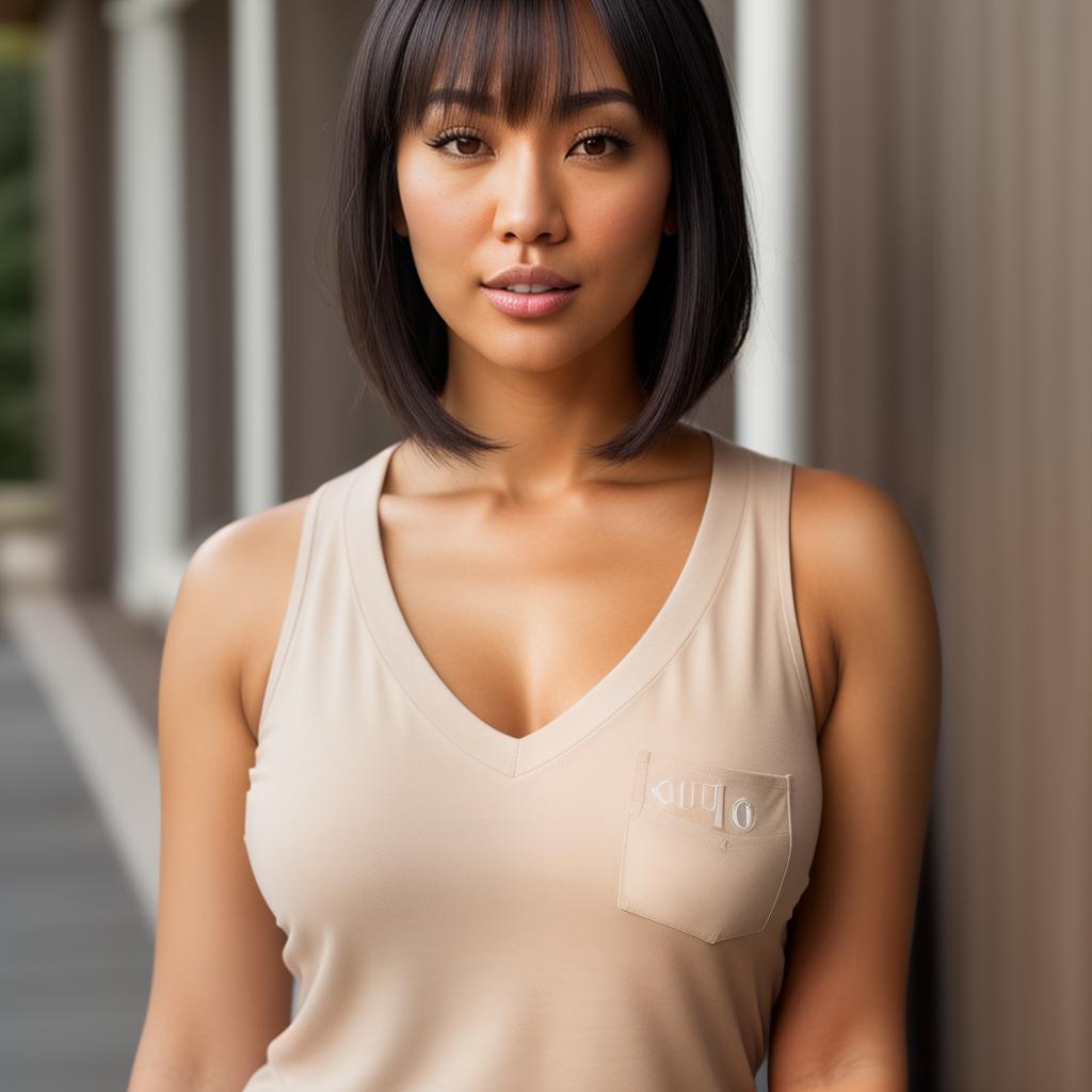  (((realistic full torso frontal head shot of a light tan skin tone woman))), asami maki shimada, ((japanese heritage)), immature face, brown eye color, ((bangs hair style)), ((black hair color)), (( body type)), big size, athletic size, (immature straight broad nose), (immature high cheekbones), (immature soft jawline), (immature full lips), (immature prominent forehead), (immature even eyebrows), (immature rounded chin), standing straight looking directly into the camera,((wearing fitted polo shirt with deep v neck and monogrammed pocket)), backyard in background, 1girl, best quality, highest quality, award winning photo, masterpiece, raw, professional photography, photorealism, sharp focus, cinematic, high resolutio hyperrealistic, full body, detailed clothing, highly detailed, cinematic lighting, stunningly beautiful, intricate, sharp focus, f/1. 8, 85mm, (centered image composition), (professionally color graded), ((bright soft diffused light)), volumetric fog, trending on instagram, trending on tumblr, HDR 4K, 8K