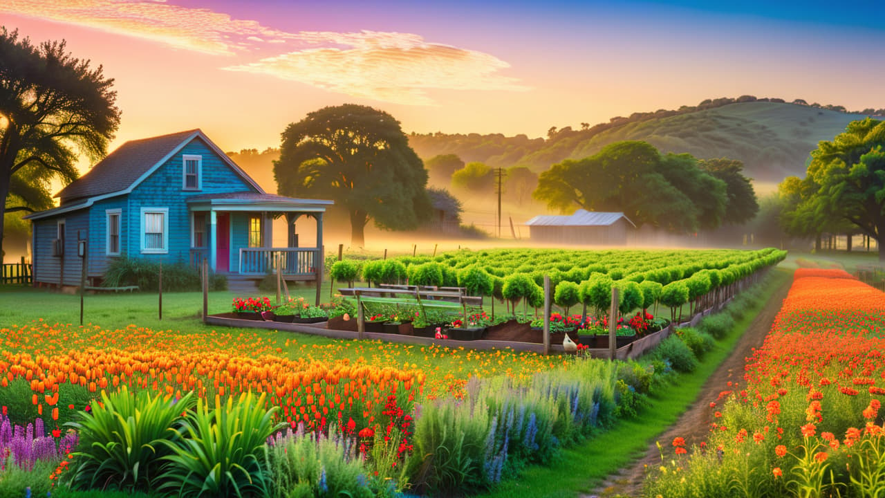  a picturesque texas landscape featuring a cozy urban homestead with a small farmhouse, vegetable gardens, chickens roaming, and a vibrant wildflower field, all set against a backdrop of rolling hills under a bright blue sky. hyperrealistic, full body, detailed clothing, highly detailed, cinematic lighting, stunningly beautiful, intricate, sharp focus, f/1. 8, 85mm, (centered image composition), (professionally color graded), ((bright soft diffused light)), volumetric fog, trending on instagram, trending on tumblr, HDR 4K, 8K