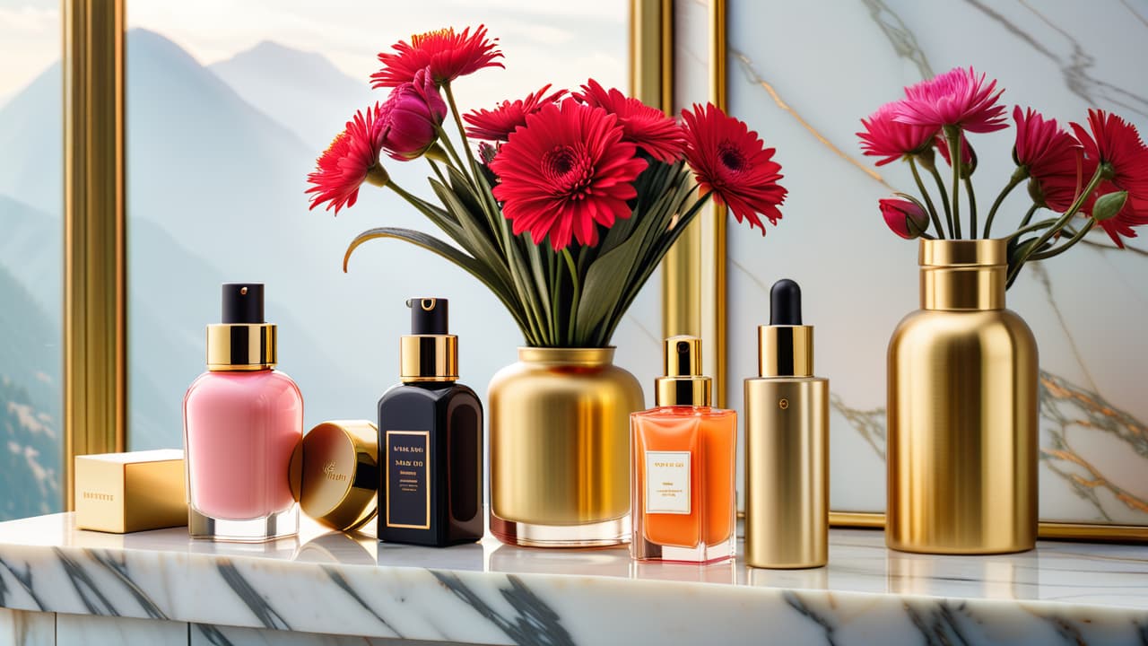  an elegant display of luxurious skincare makeup products, arranged on a marble countertop. soft lighting highlights opulent packaging, including gold accents and sleek glass bottles, surrounded by delicate flowers and plush fabrics for a sophisticated ambiance. hyperrealistic, full body, detailed clothing, highly detailed, cinematic lighting, stunningly beautiful, intricate, sharp focus, f/1. 8, 85mm, (centered image composition), (professionally color graded), ((bright soft diffused light)), volumetric fog, trending on instagram, trending on tumblr, HDR 4K, 8K