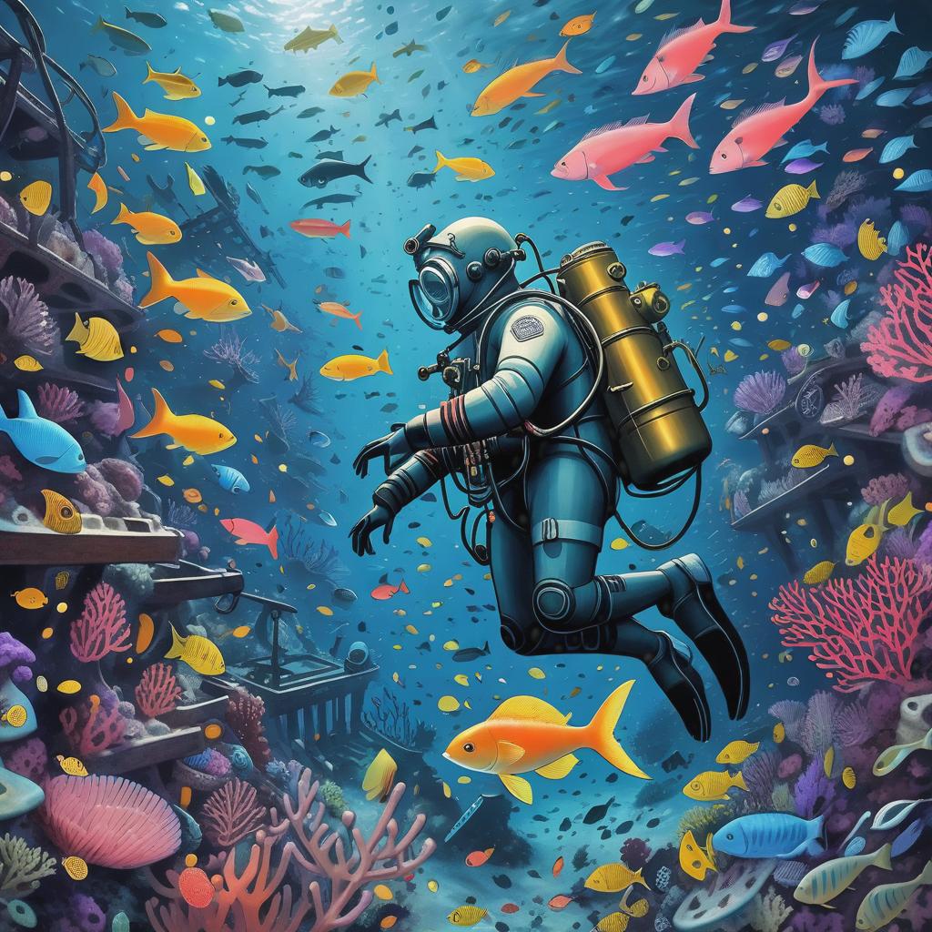  Generate an image of a deep-sea diver exploring an underwater shipwreck, surrounded by colorful fish, coral, and the faint glow of bioluminescent creatures.