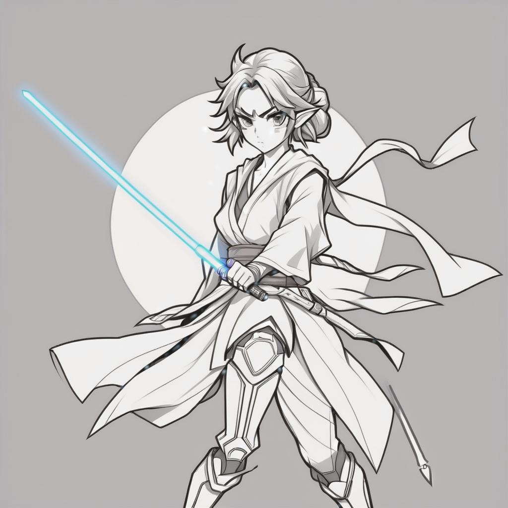  line art drawing jedi girl, battle stance, same nightmare. anime style . professional, sleek, modern, minimalist, graphic, line art, vector graphics