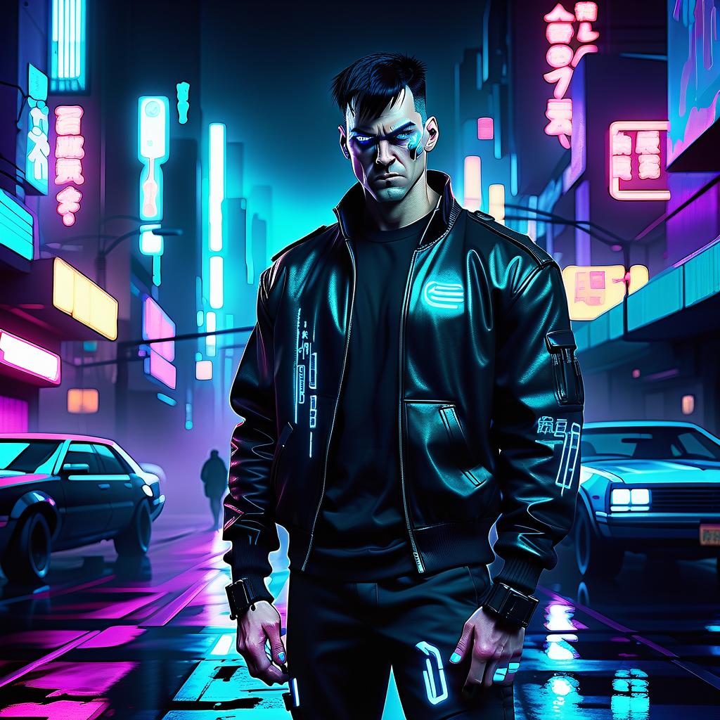  neon noir cyberpunk. a white man in his 30s. dressed in a black sweatshot, black shafts and shoes with a high tibia. black hair, bangs on your eyes. there's an angry smile on his face. the skin is pale. the man has cybernetic hands. eyes glow blue. against the background of cyberpunk city called night city, which is located in california in 2076. image in photo style . cyberpunk, dark, rainy streets, neon signs, high contrast, low light, vibrant, highly detailed