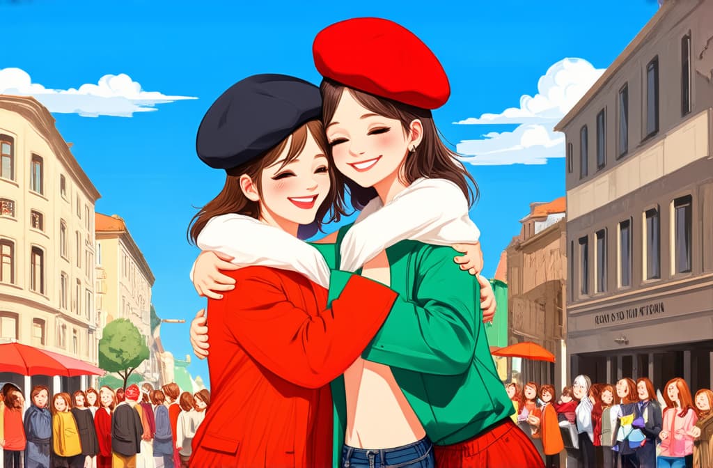  flat illustration, flaticon, (illustration:1.15), illustration of young and happy girls in berets hugging and dancing on the street. youth holiday, party. flat design illustration. fashion poster for clothing design and advertising. blue sky. ar 3:2, [cory loftis, strobist, pascal campion :: 0.2]