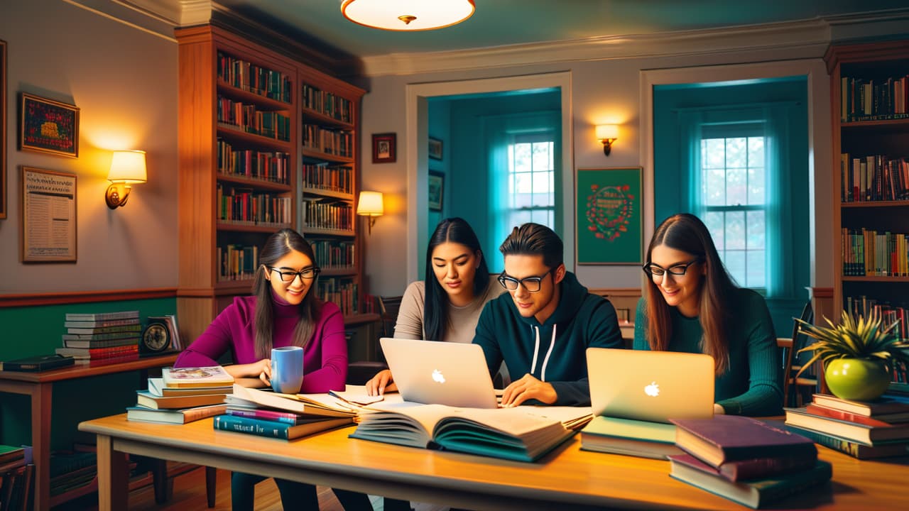  a vibrant scene depicting diverse students engaged in online tutoring across various devices, with colorful icons representing different platforms floating around, and a cozy study environment filled with books and motivational decor. hyperrealistic, full body, detailed clothing, highly detailed, cinematic lighting, stunningly beautiful, intricate, sharp focus, f/1. 8, 85mm, (centered image composition), (professionally color graded), ((bright soft diffused light)), volumetric fog, trending on instagram, trending on tumblr, HDR 4K, 8K