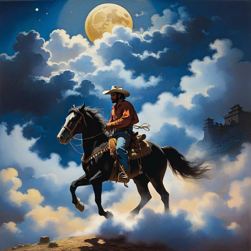  a cowboy rides a horse among the clouds dragging a bound moon, civitai