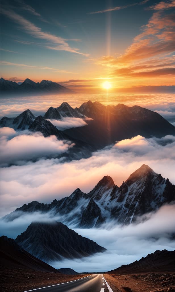  sunrise, sun on far, mountains inside coulds, a road top of mountain, , blue sky, clouds on sky, big sky, winds on clouds , cinematic, 8k, surreal, small vilage on mountains, high quality, symmetrical balance, cinematic lighting, impressionism, focus point