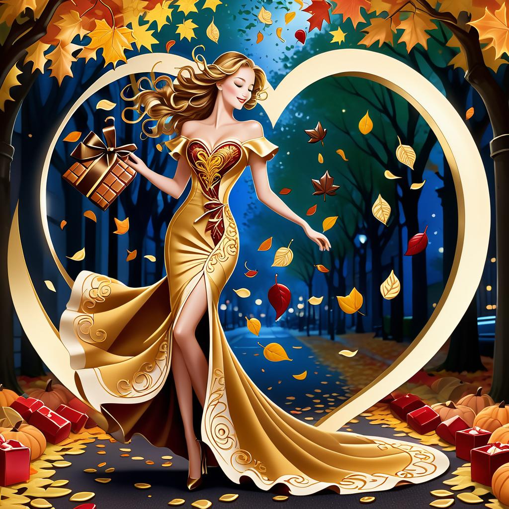  luxury product style on a carpet of yellow leaves in a simple dress of wind given crepe autumn danced a waltz boston in an alleyway. the warm day flew away and the saxophone sang hoarsely. (background of the card): falling autumn leaves, a whirlwind of autumn leaves, wind saxophone, ((a box of chocolates, the inscription "autumn waltz")) , a greeting card. (heart), a beautiful figure made of contours in the shape of a heart. (heart colour): night sky background, stars, gold pattern. (style):fantasy, autumn art, autumn romance. (colours):gold, green gold, navy blue, red, red gold, brown gold, silver, golden blue, bluish blue, dark blue on gold . elegant, sophisticated, high end, luxurious, professional, highly detailed