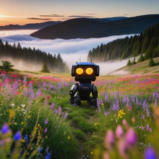  A solitary robot sitting in a field of wildflowers at sunset. Apply the Following Styles 3Drenderer hyperrealistic, full body, detailed clothing, highly detailed, cinematic lighting, stunningly beautiful, intricate, sharp focus, f/1. 8, 85mm, (centered image composition), (professionally color graded), ((bright soft diffused light)), volumetric fog, trending on instagram, trending on tumblr, HDR 4K, 8K