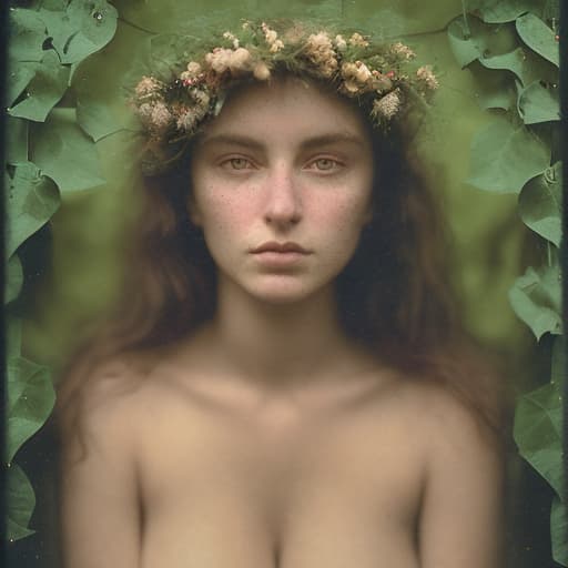 analog style Highly detailed moody dark, masterful portrait of a breathtakingly lovely, wild Witchling nymph surrounded by trailing ivy painted by John William Waterhouse and Rembrandt. She has a beguiling face and is looking down directly at the viewer. Her eyes are breathtakingly lovely and engaging. She has long, wild, unkempt dark hair. Gorgeous, highly detailed , ornate composition using the golden ratio.