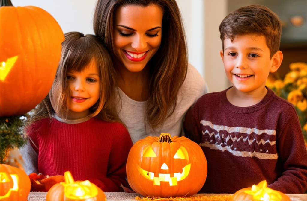  mother and two children carving jack o lanterns on halloween and smiling, correct hands ar 3:2 {prompt}, maximum details