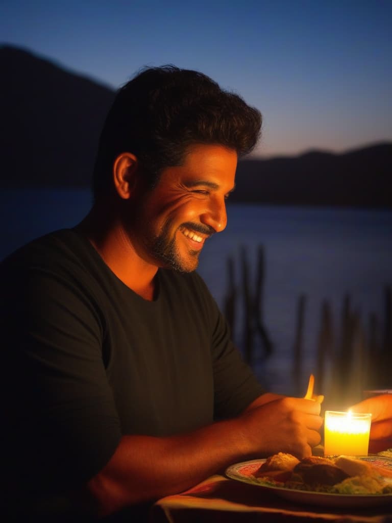  un joven (hombre) con una playera con mangas de color gris oscuro, sonriendo y disfrutando de una animada fiesta al aire libre. la escena está llena de luces festivas que cuelgan entre los árboles, creando un ambiente cálido y acogedor. en el fondo, se pueden ver grupos de amigos riendo y conversando, con mesas decoradas con coloridos manteles y platos de comida. el cielo es de un azul profundo, con algunas nubes esponjosas, y la luz del atardecer baña la escena con un suave resplandor dorado, capturando la alegría y la energía del momento en calidad fotográfica.