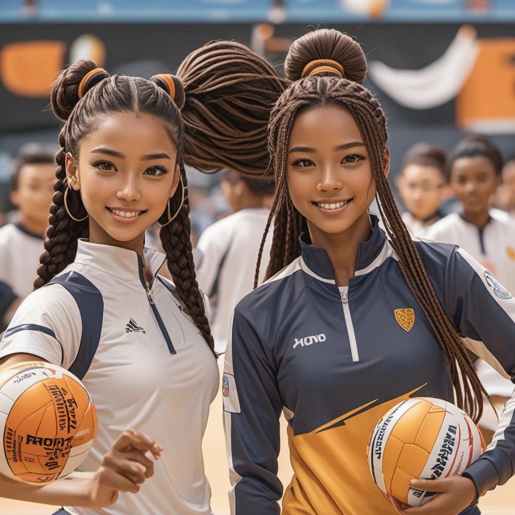  create 2 cartoon book characters playing volleyball. one is african with long braids. the other is white with long ponytail. brown hair. brown eyes , comic style, manga and manhwa style, painting style