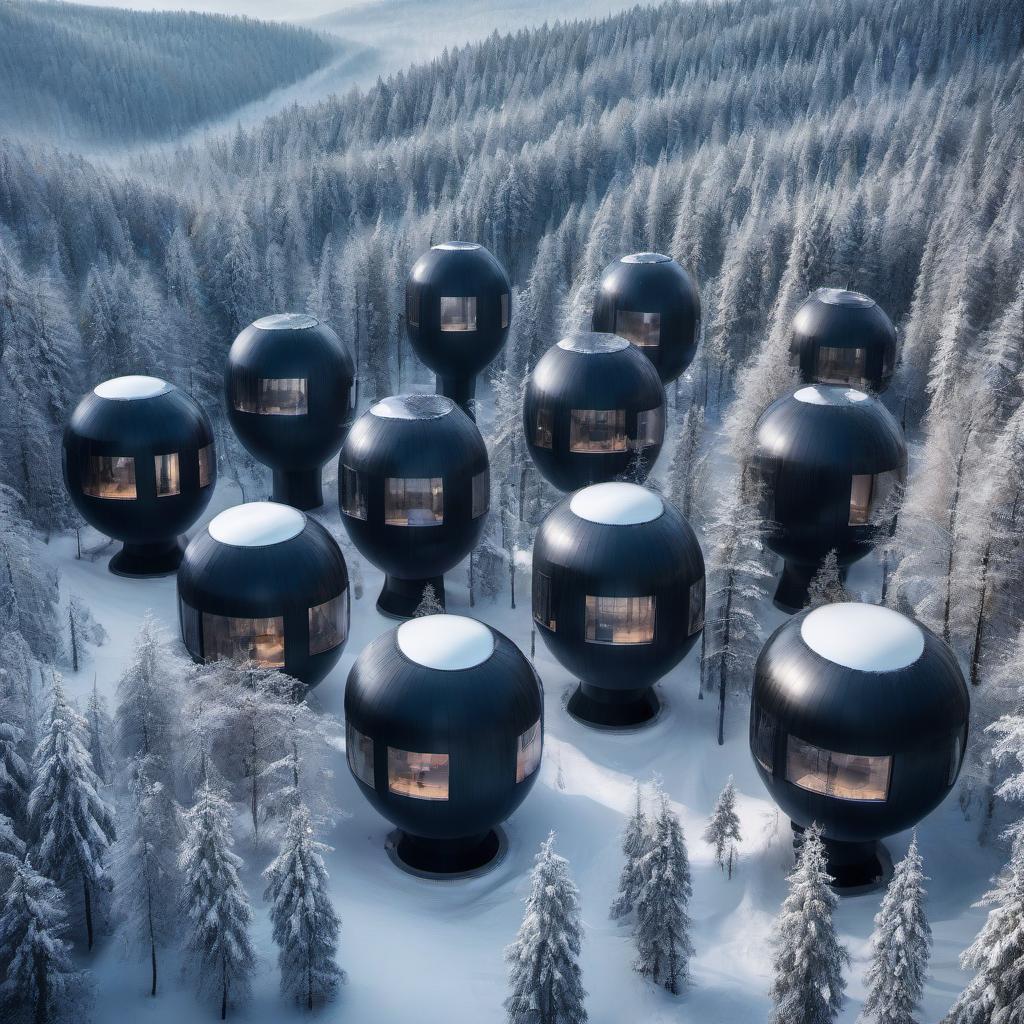  taiga forest, a dozen huge discoid multi storey black futuristic houses standing high above the tree tops on four columns, a view from above, professional photo