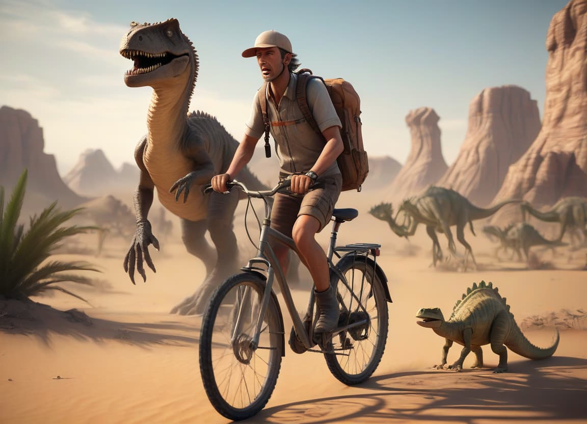  professional 3d model the main character of the computer game, a courier in the desert on a bicycle, in full growth, fear, exhausted, against the dinosaurs . octane render, highly detailed, volumetric, dramatic lighting