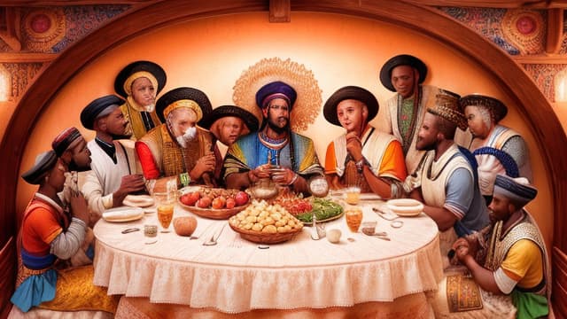  A painting of african men eating together, the last supper, , hyperrealistic, high quality, highly detailed, perfect lighting, intricate, sharp focus, f/1. 8, 85mm, (centered image composition), (professionally color graded), ((bright soft diffused light)), trending on instagram, HDR 4K, 8K